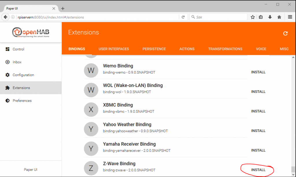 För att lägga till stöd för min Z-stick installerar jag Z-Wave Binding