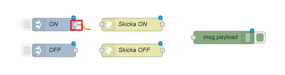 För att nu koppla flödet tyck med muspekaren i fyrkanten och dra den sedan till fyrkanten på "skicka ON"