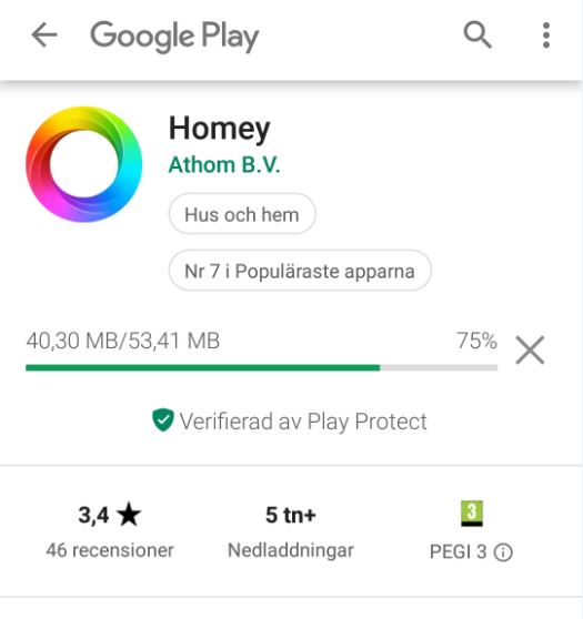 I Google Play finns Homey, ladda hem den för att köra vidare.